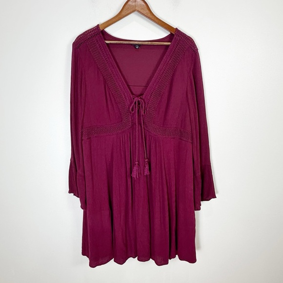 Torrid Lace Up Crinkle Gauze Flowy Long Sleeve Mini Skater Dress Burgundy - Picture 6 of 14